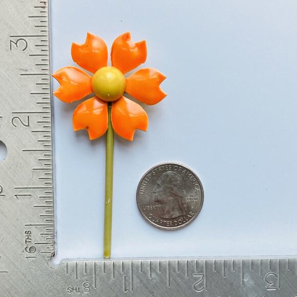 VTG 1960s Brooch Enamel Flower Orange Chartreuse Long Stem Mod Jewelry - Picture 10 of 10